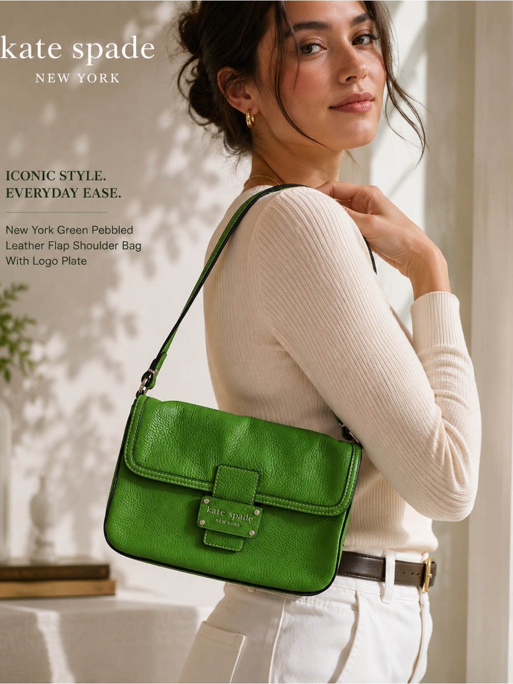 Kate Spade New York Green Pebbled Leather Flap Shoulder Bag With Logo Plate